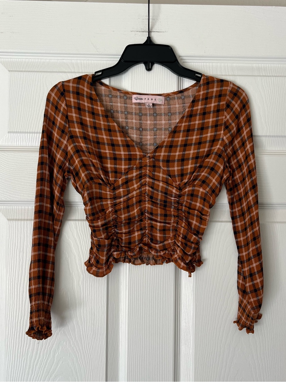 Crave Fame Plaid Ruched Long Sleeve Top